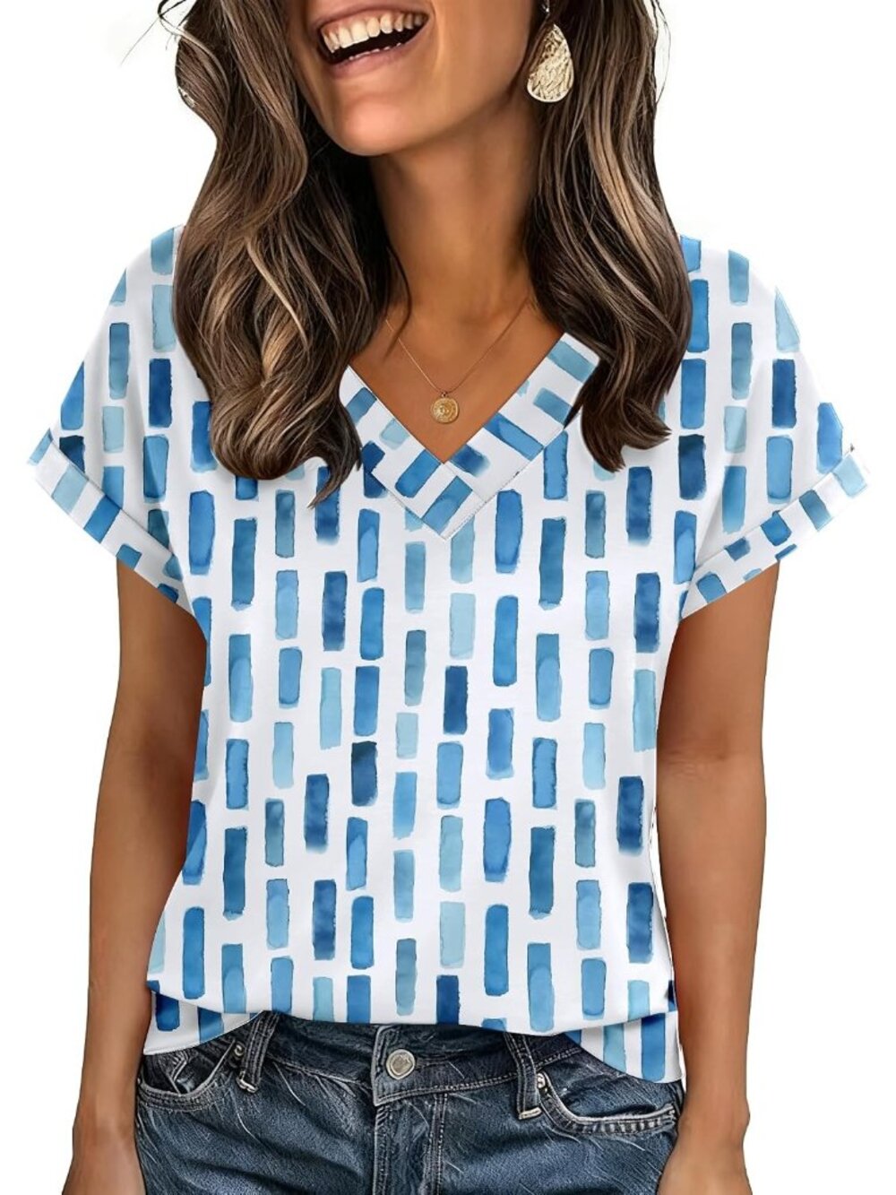 Women's Blue Block Short Sleeve V Neck Basic Tees Shirts Casual Tops Blouses